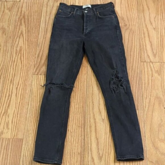 Agolde Nico High Rise black button-fly jeans slim distressed women's size 25" - Picture 1 of 7